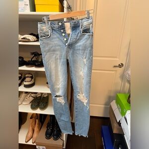 MOTHER Blue Straight Leg Jeans with Distressed Details